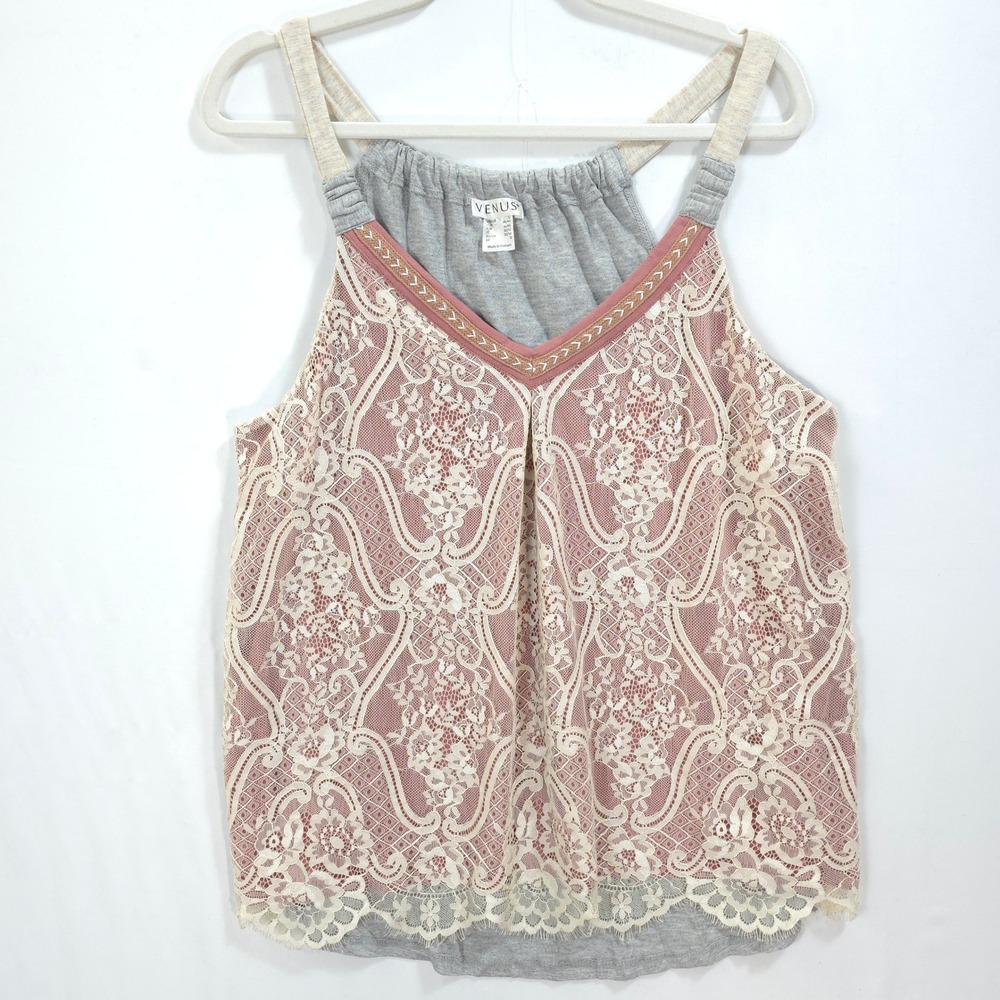 Venus Lace Layered Tank Top Women L Embroidered Rose Gray Boho Romantic